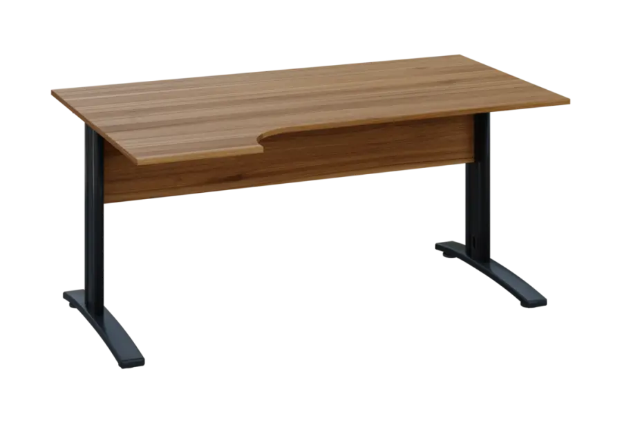 ERK 18 - 164 stůl kancelářský, rohový, levý, kovová podnož černá, deska 18 mm, široký 1600 mm, ořech světlý